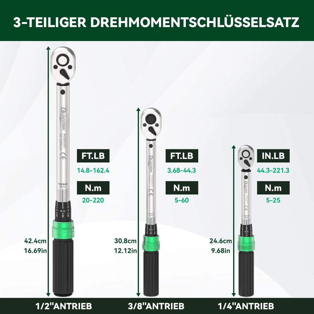 ??1/4"+3/8"+1/2" 3Pc Torque Wrench Set ±3% Accuracy 5-25Nm 10-60Nm 20-200Nm-2026
