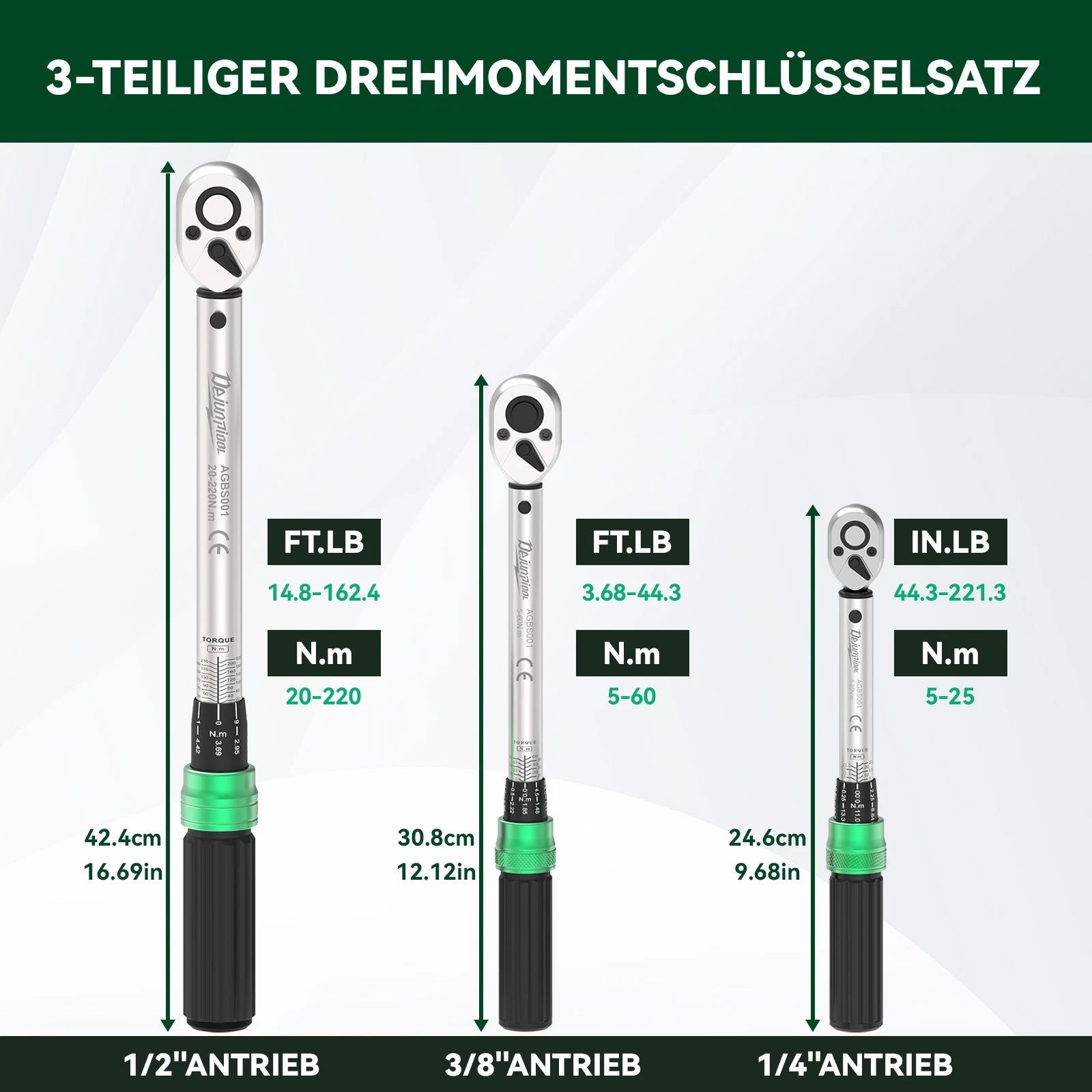 ??1/4"+3/8"+1/2" 3Pc Torque Wrench Set ±3% Accuracy 5-25Nm 10-60Nm 20-200Nm-2026