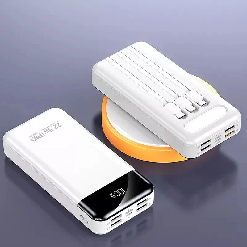 Portable Power Bank 20000mAh Fast Charging Battery with 3 Built in Cables Black