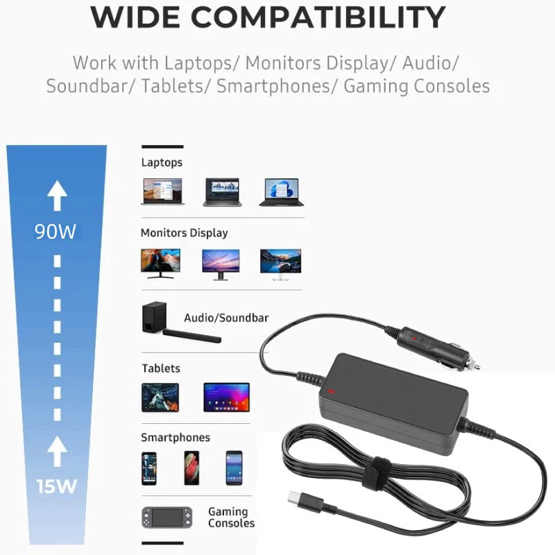 90W 65W 45W 30W Type-C USB C Vehicle Car DC Charger Adapter for MacBook Lenovo