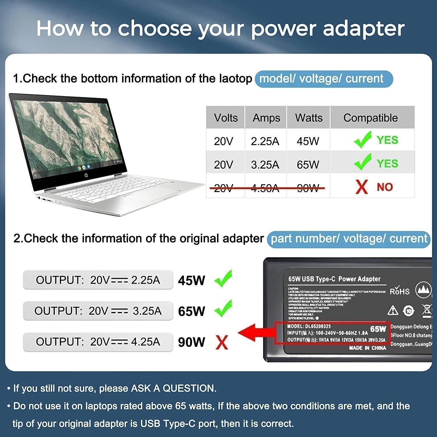 Charger 65W Power Source Adapter Type-USB-C For Dell Chromebook 2In1 XPS Laptop