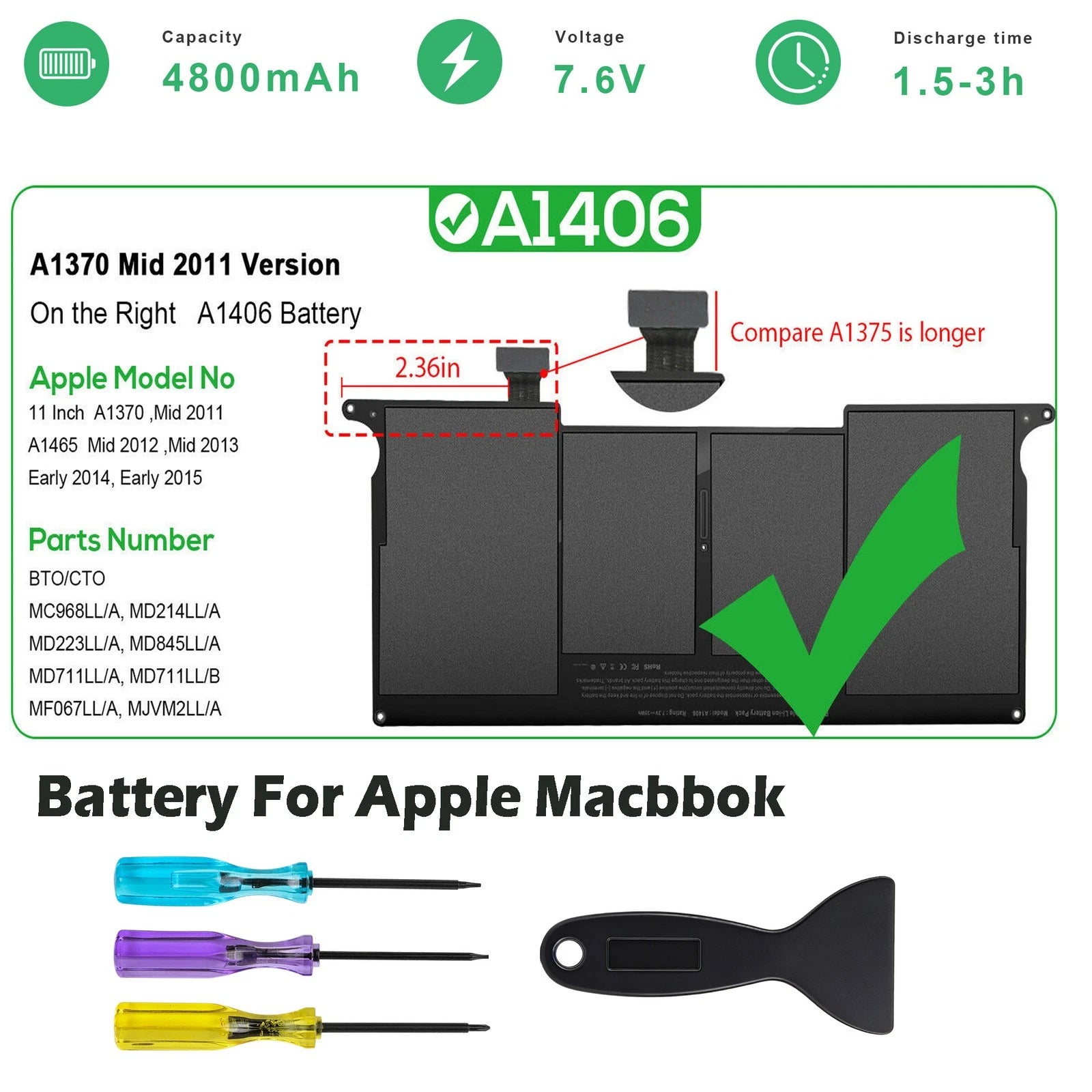 A1406 Battery for MacBook Air 11 inch A1370 A1495 Mid 2011 2012 2013 Early 2014