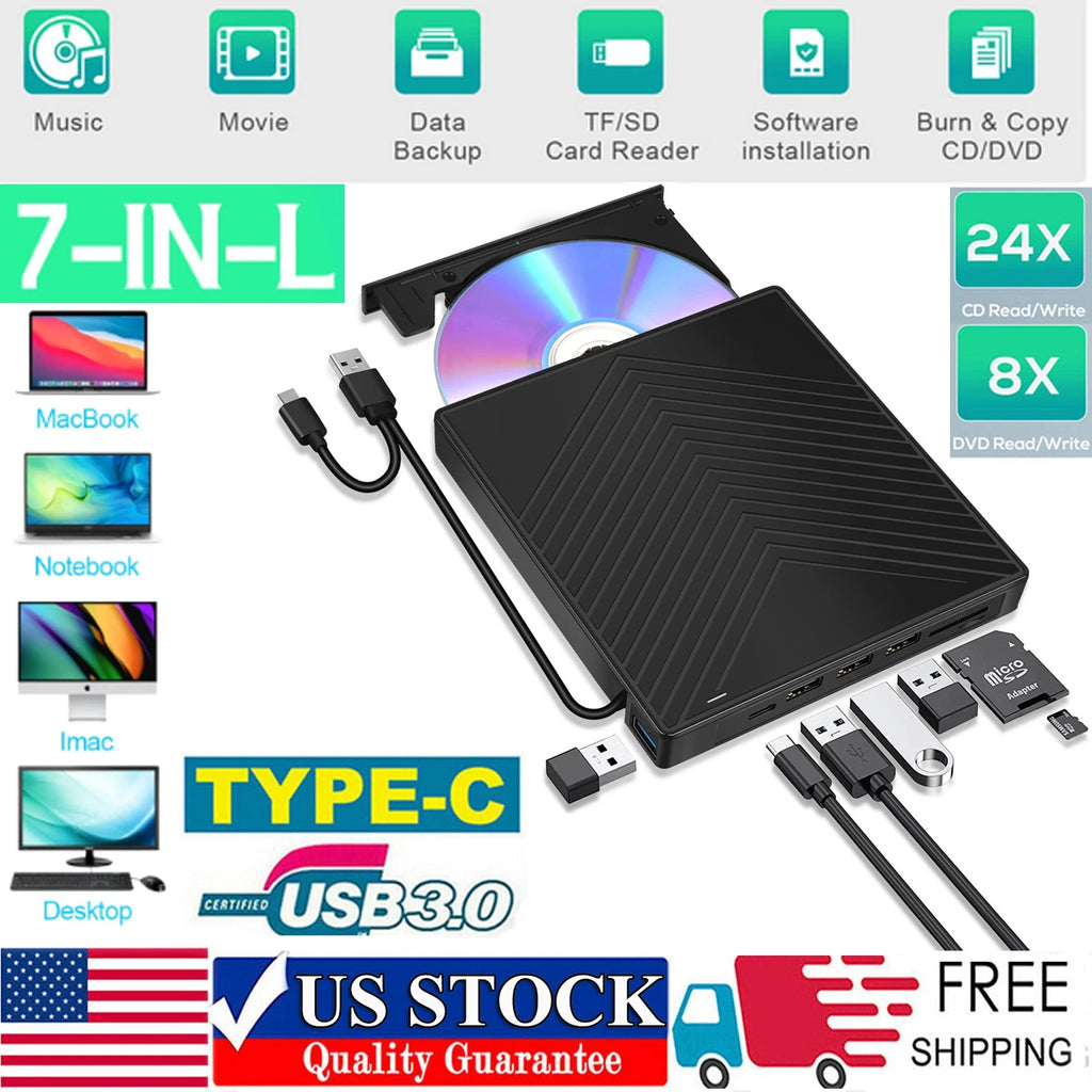 7 in 1 Portable External DVD Drive Player USB 3.0 Type-C CD DVD RW Reader Burner