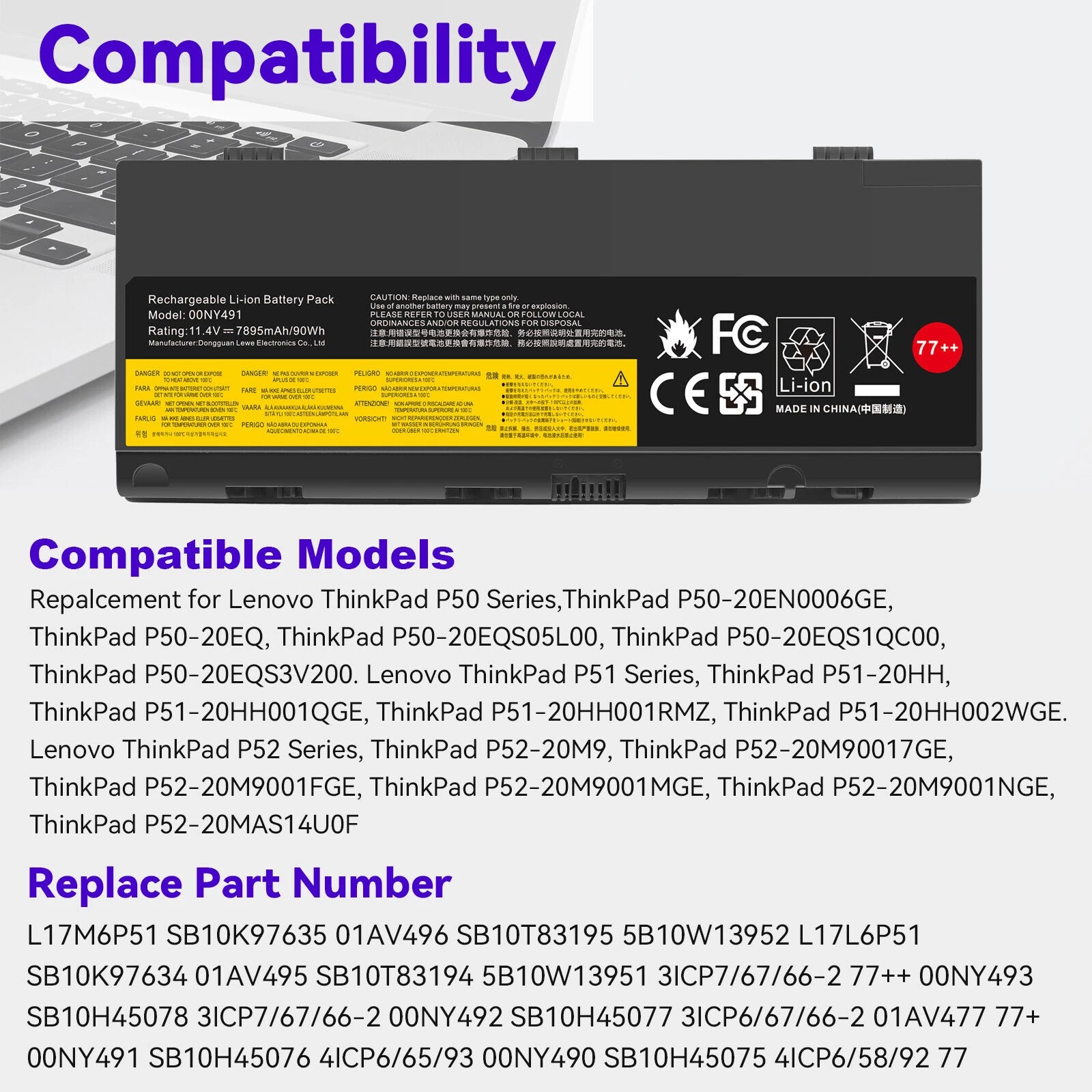 77++ New 00NY492 00NY493 Battery For Lenovo Thinkpad P50 P51 P52 L17L6P51 90Wh