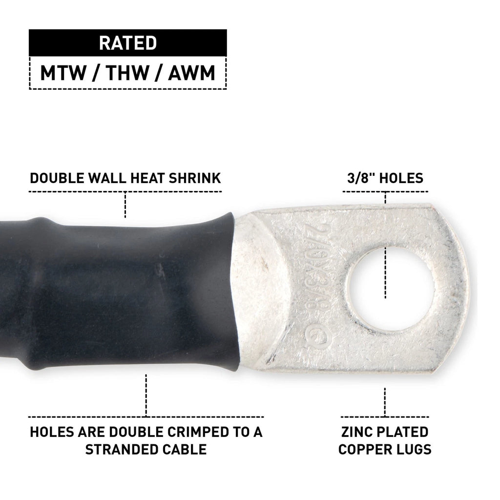 2/0 Black Battery Interconnect Cable 12" with 3/8" Lugs ASSEMBLED IN USA