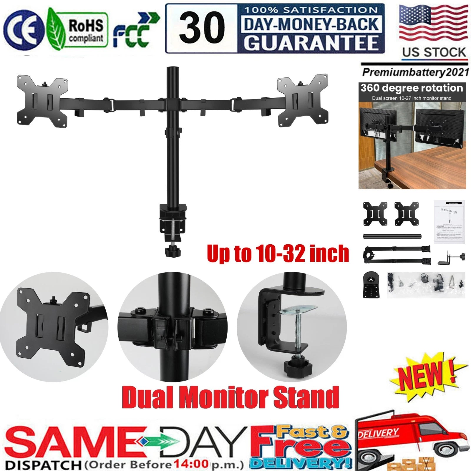 Dual Monitor Stand Adjustable Desk Mount Screen for Led LCD 10-32 inches FAST