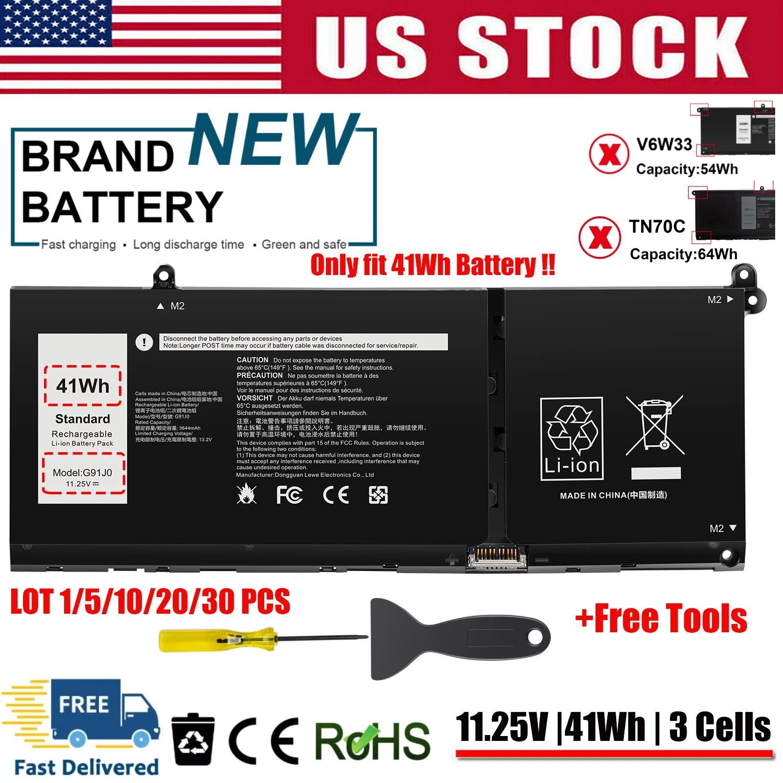 ?LOT G91J0 Battery for Dell Latitude 3320 3420 3520 Inspiron 15 3510 3520 3530