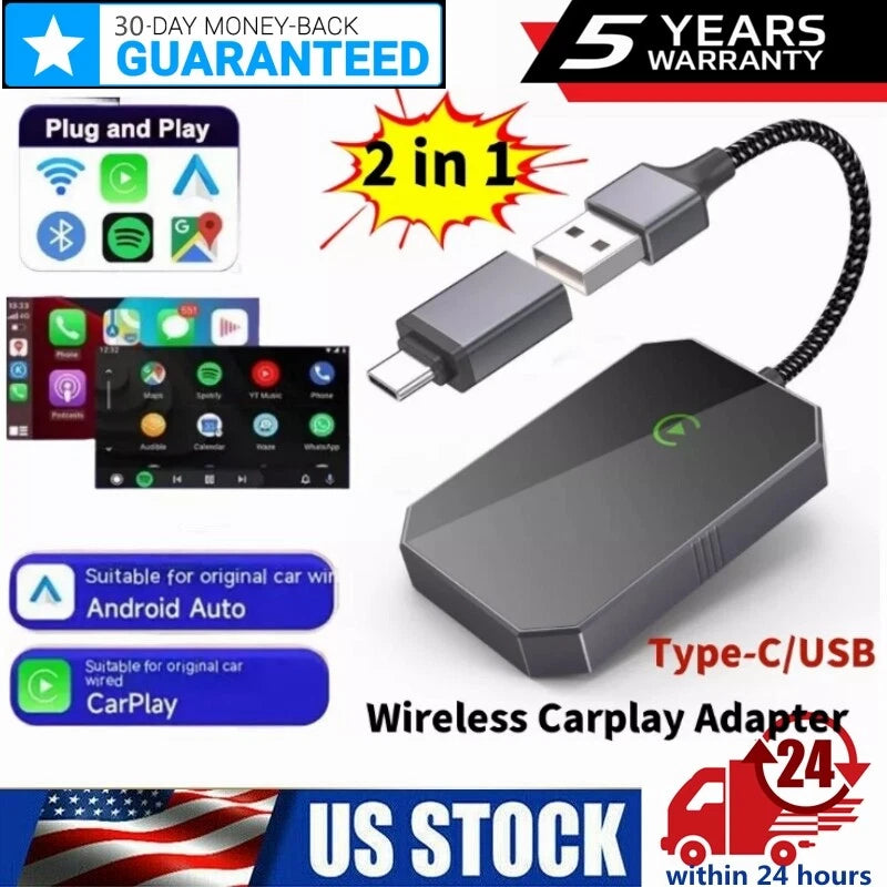Wireless Carplay Android Auto Adapter 2 in 1 Mini Box Plug&Play Wireless Dongle