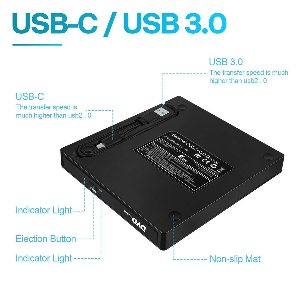 DVD Drive External USB DVD Player CD RW Burner For Laptop Computers USB3.0 SD/TF