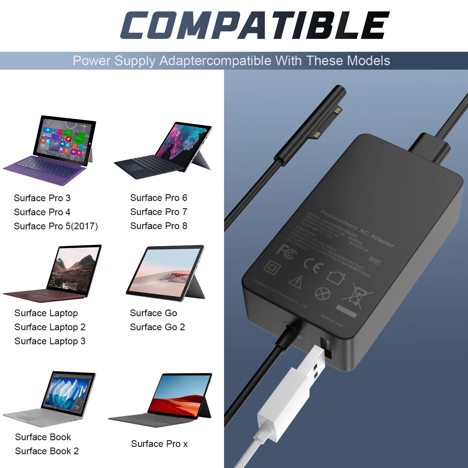 65W AC Adapter Power Charger for Microsoft Surface Pro 3 4 5 6 7 GO Tablet 1706