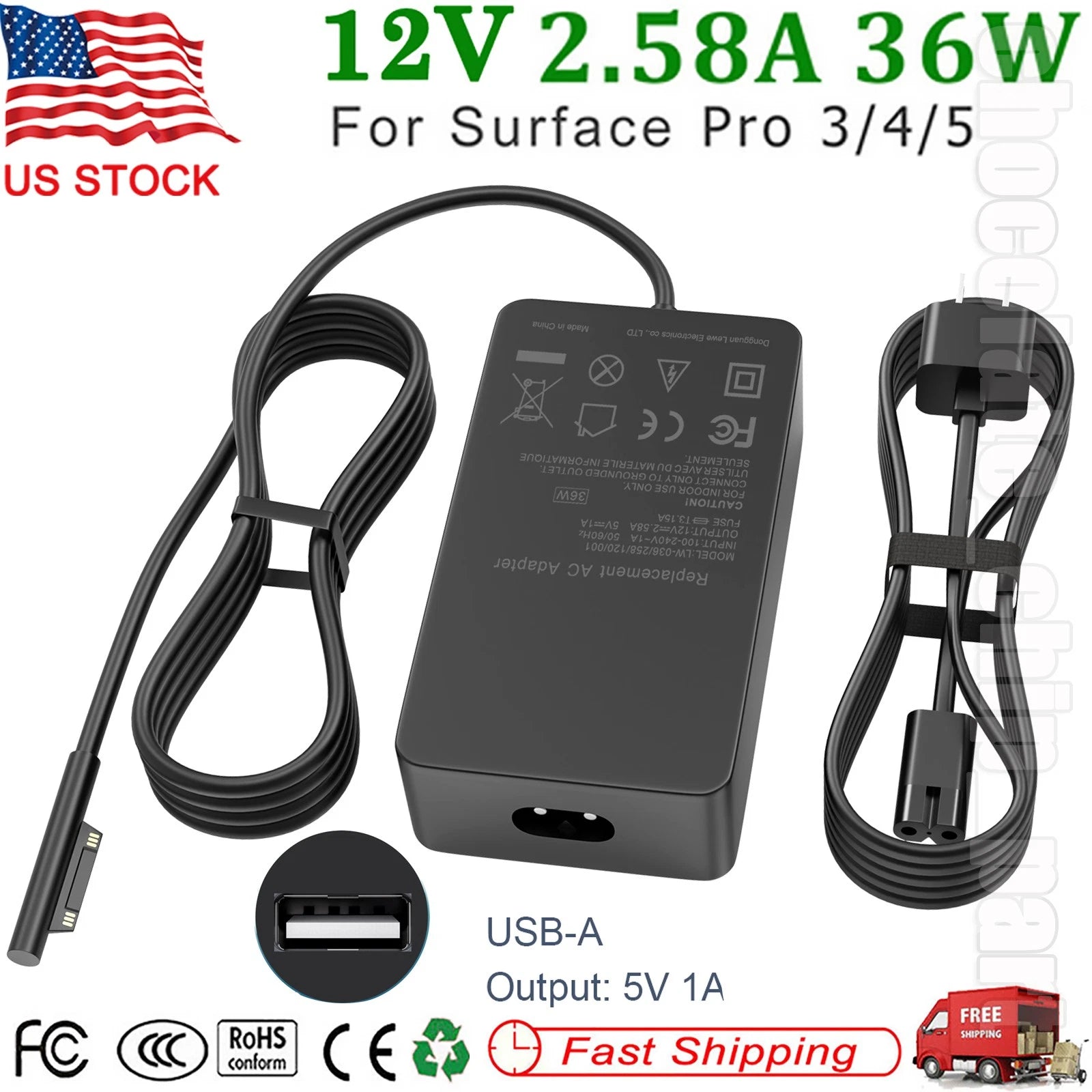 36W 1625 Charger for Microsoft Surface Pro 3 4 5 AC Power Supply 5V USB Port US