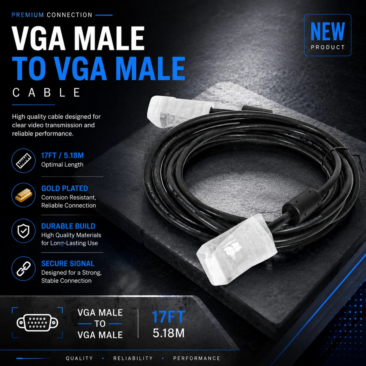 NEW Brand 17ft VGA Male Cord Full HD 1080p Cable PC Laptop HDTV Monitor Cable