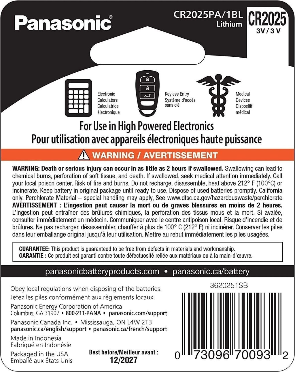 Panasonic CR2025 3.0 Volt Long Lasting Lithium Coin Cell Batteries in Child...