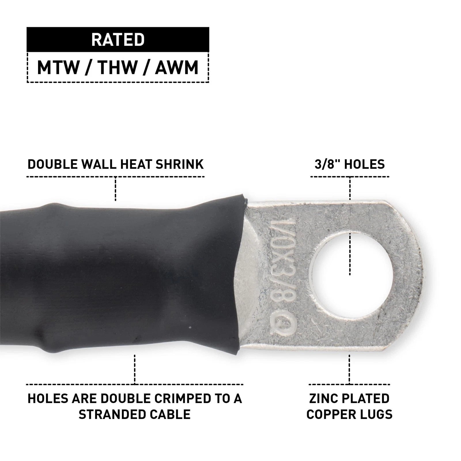 1/0 Black Battery Interconnect Cable 10" with 3/8" Lugs ASSEMBLED IN USA