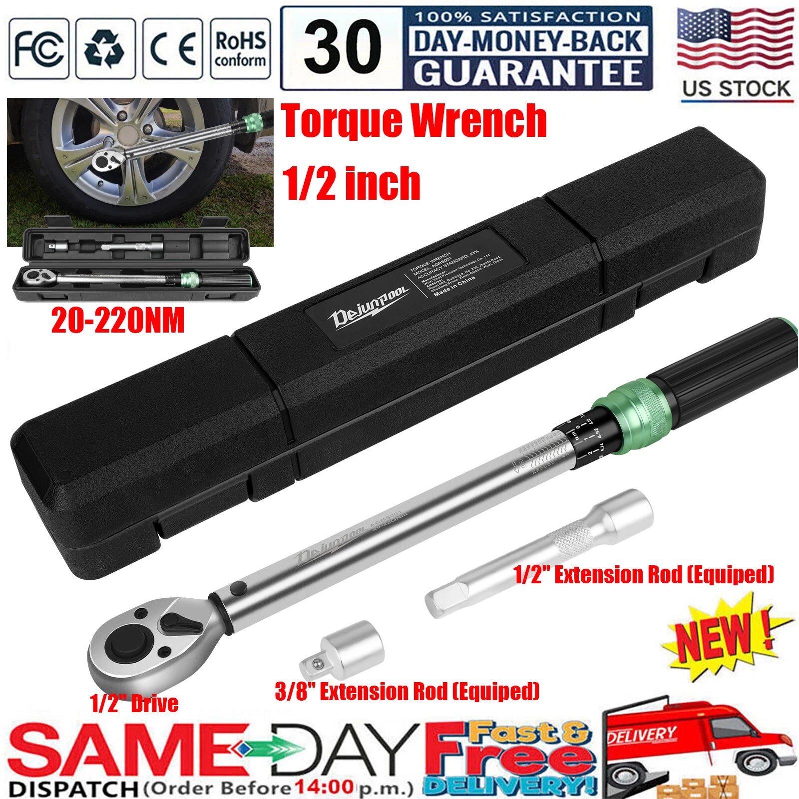 Torque Wrench Adjustable 1/2 inch Drive 20-220NM Ratchet Spanner Repair Kit 2025