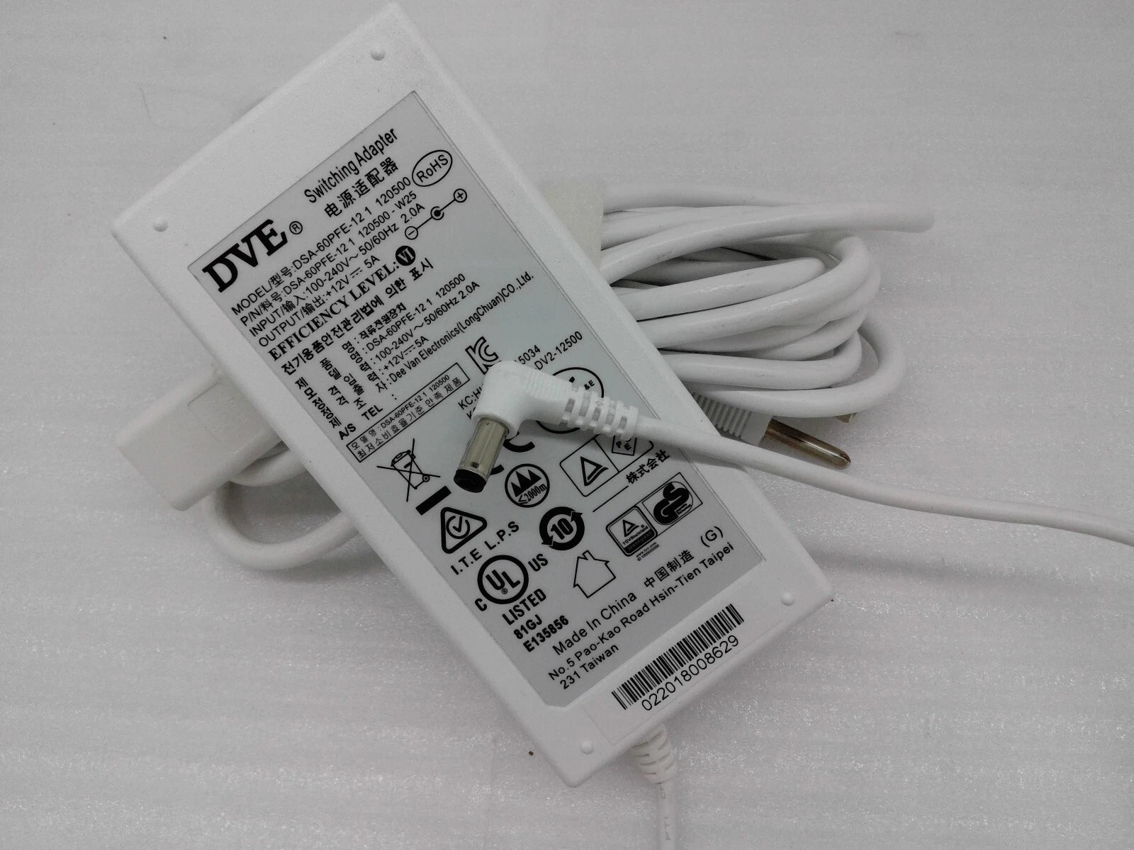 Genuine 60W DVE AC DC Switching Power Adapter 12V 5A DSA-60PFE-12 1 White