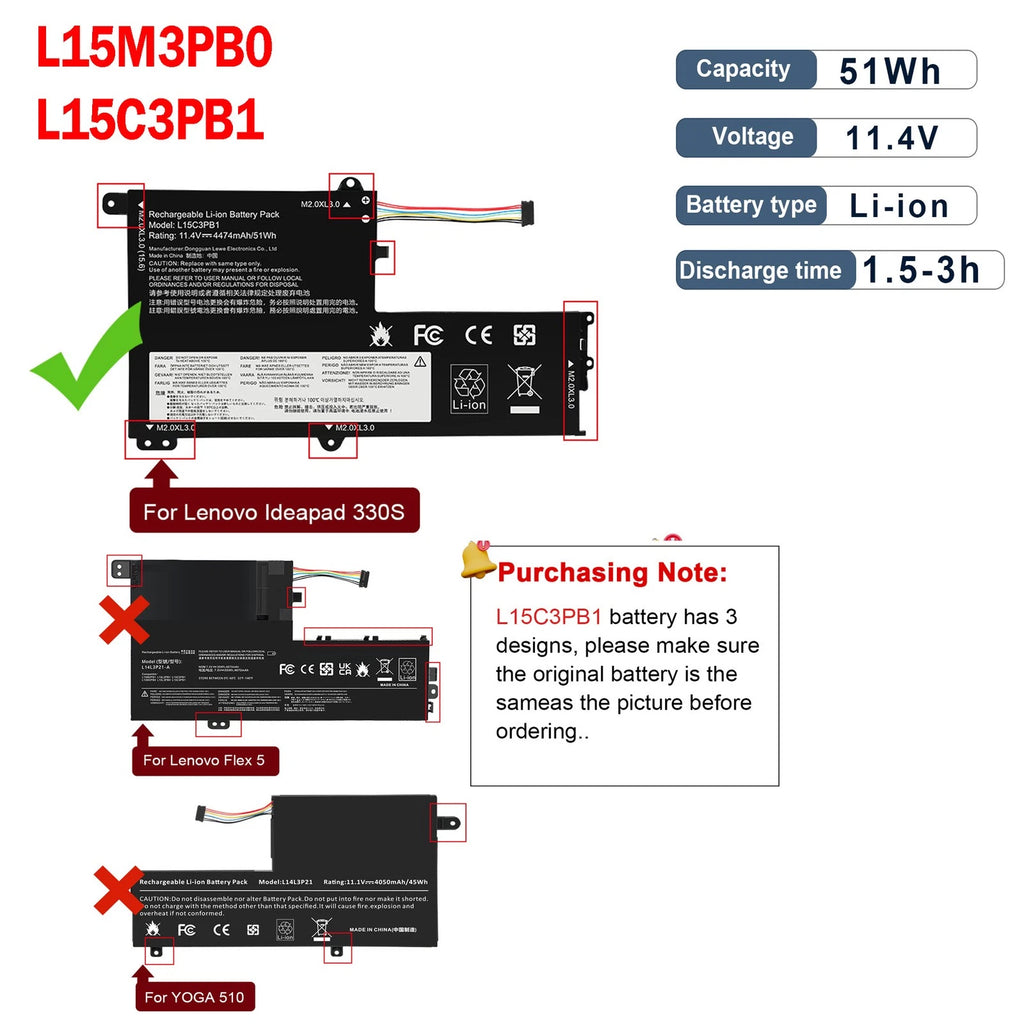 L15C3PB1 L15M3PB0 L15C3PB1 BATTERY FOR LENOVO IdeaPad 330S-14AST 330S-14IKB 51WH