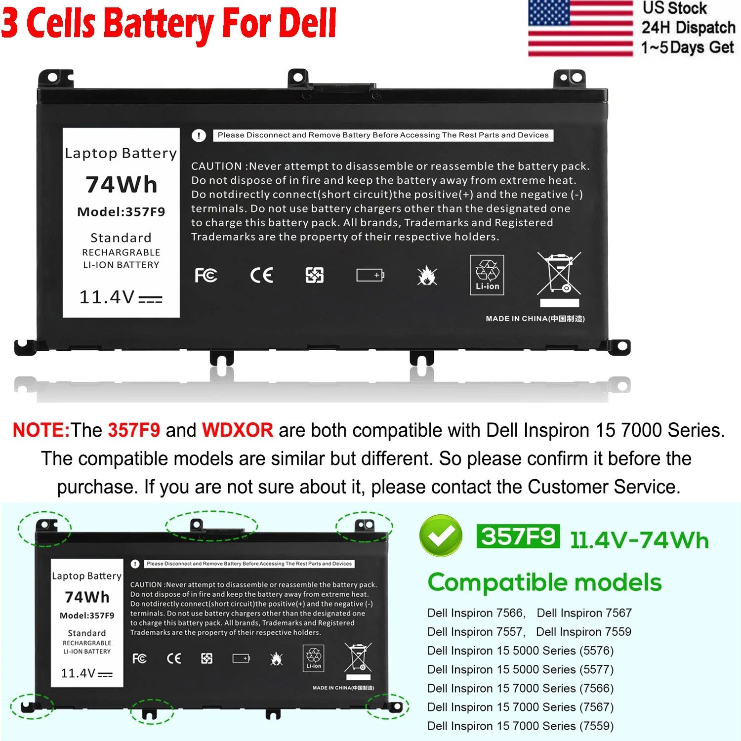 New Battery 357F9 For Dell Inspiron 15 5576 5577 7566 7567 7557 7559 Series 74Wh