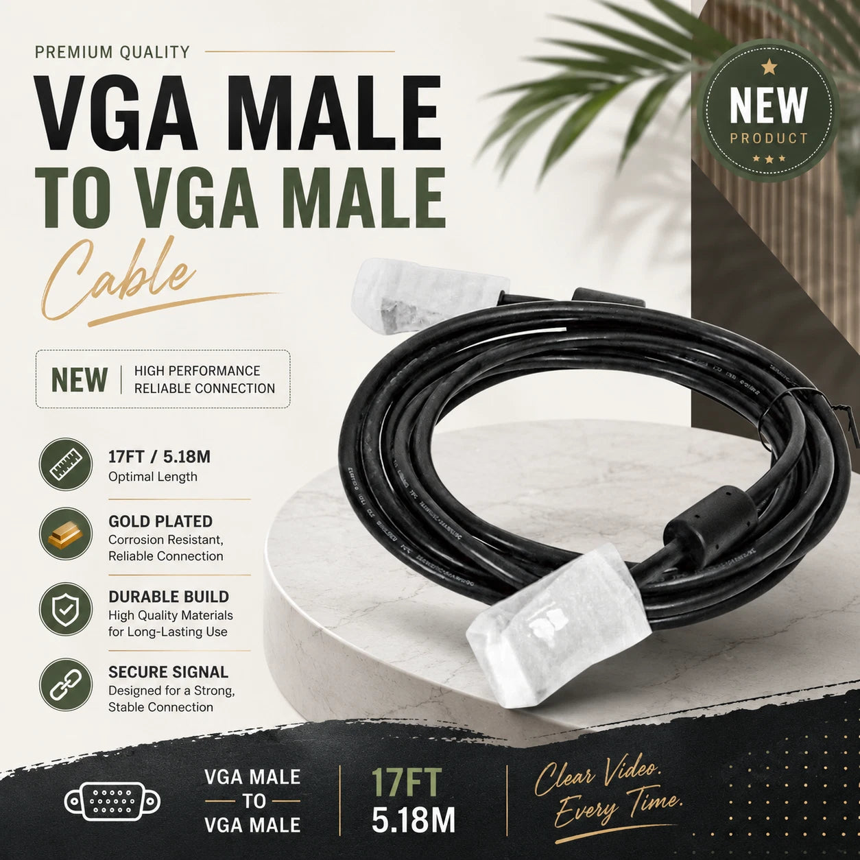 NEW 17ft VGA Cable Male 15-Pin PC Extension Video HD Monitor HDTV