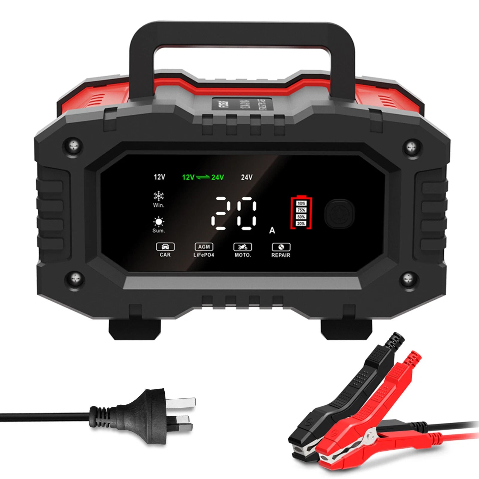 20Amp 12V/24V Car Battery Charger Lithium Lead-Acid AGM/Gel/SLA LiFePO4 Battery
