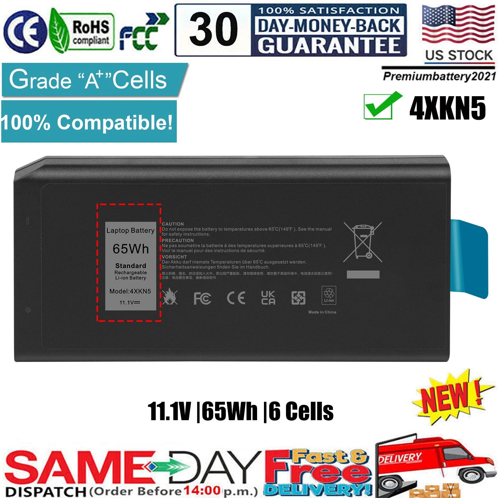 ?4XKN5 CJ2K1 Battery for Dell Latitude 5404 7404 7414 5414 Rugged Extreme 65Wh