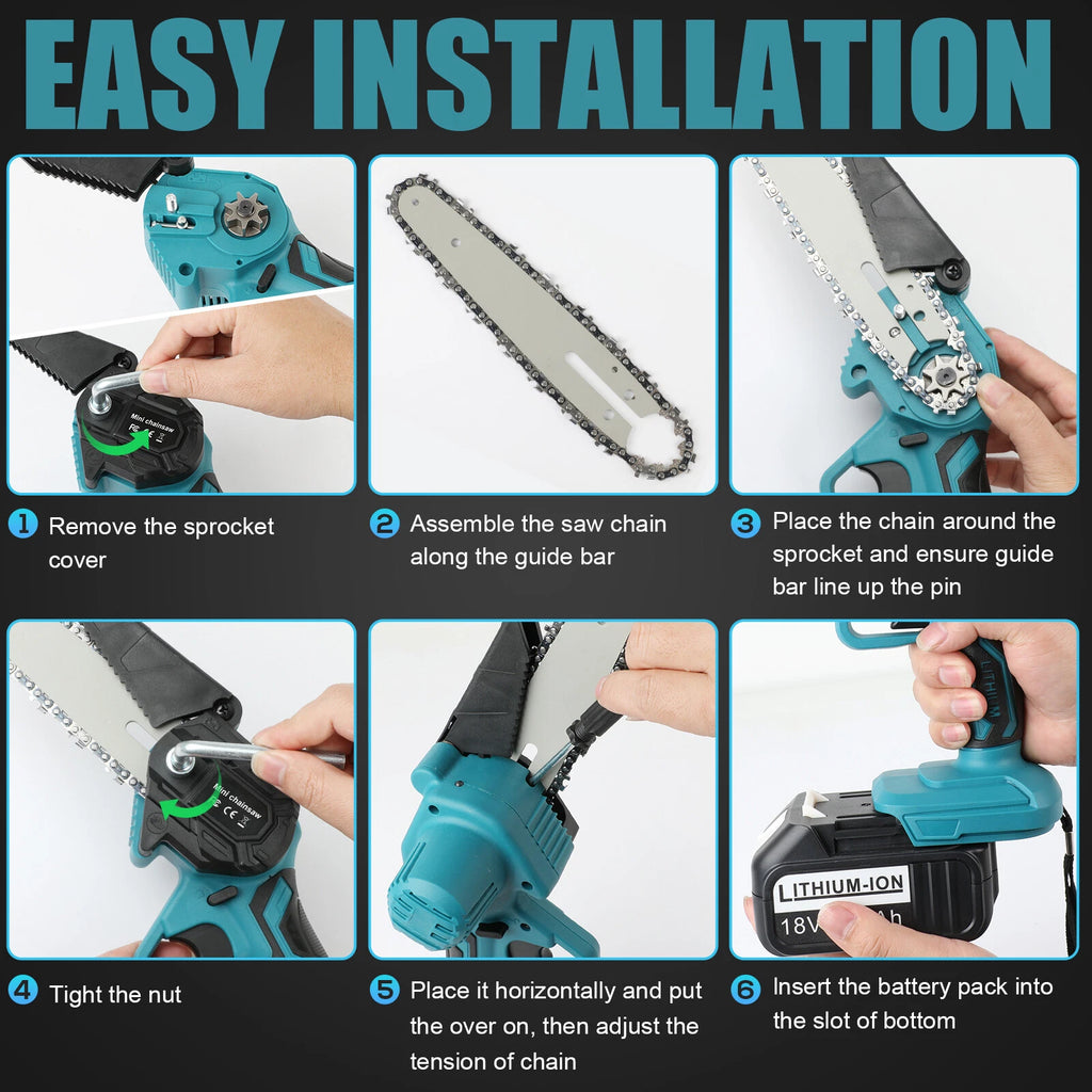6"+4" Electric Mini Chainsaw Handheld Cordless Wood Cutter 2 Battery For Makita