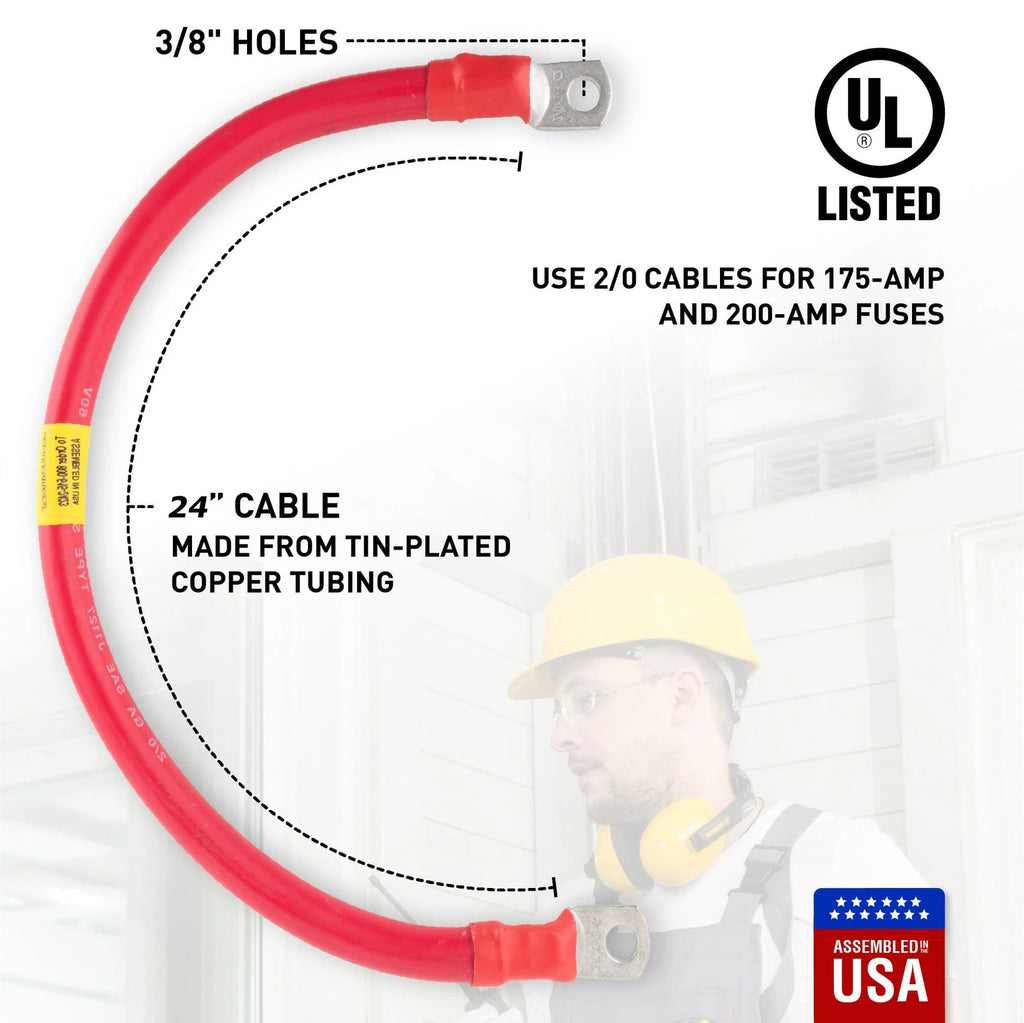 2/0 Red Battery Interconnect Cable 24" with 3/8" Lugs PROUDLY MADE IN USA