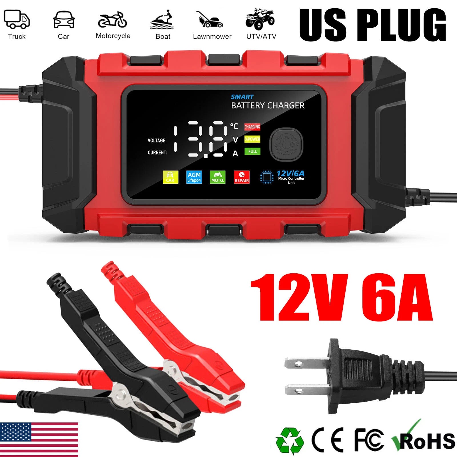 12V Smart Car Battery Charger Automatic Lifepo4 Repair Maintainer Trickle Gel US