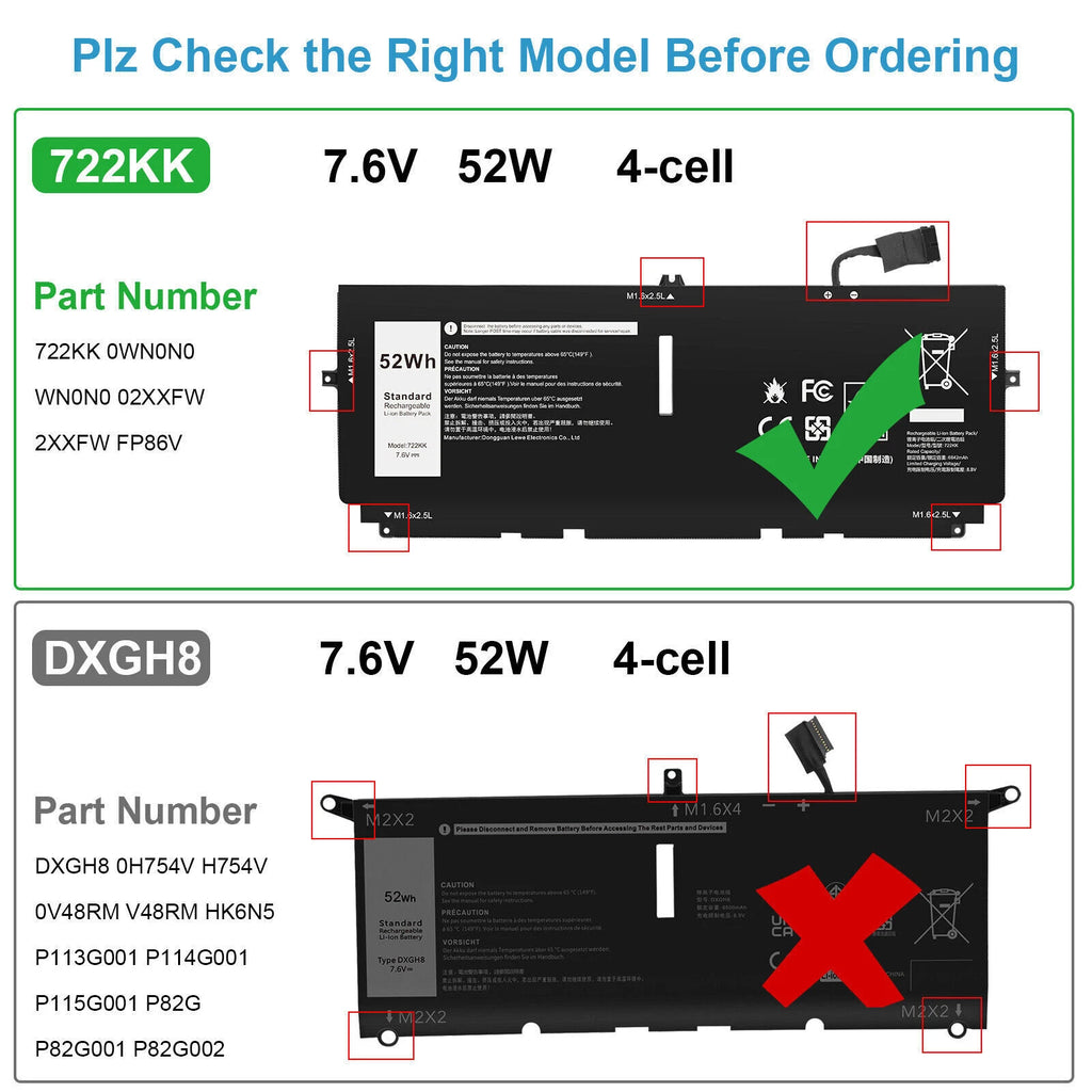 52WH 722KK Laptop Battery For DELL XPS 13 9310 9300 0WN0N0 WN0N0 02XXFW 2XXFW