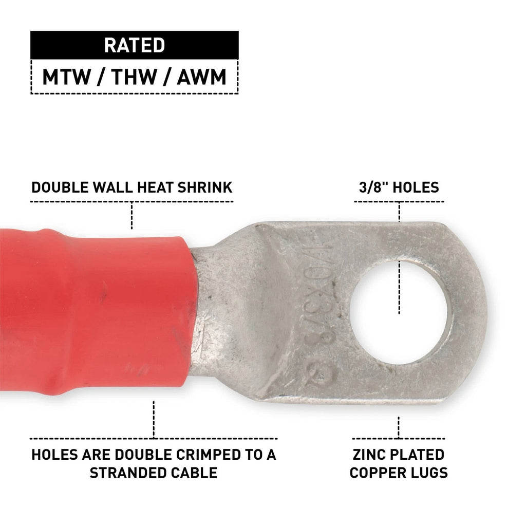 1/0 Red Battery Interconnect Cable 18" with 3/8" Lugs ASSEMBLED IN USA