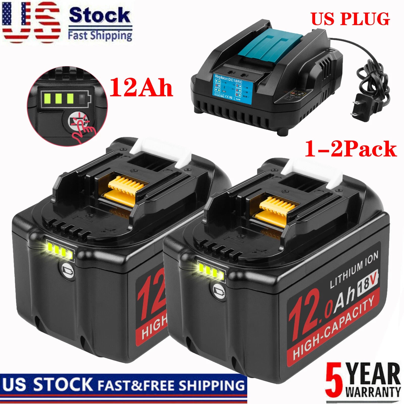 1-2X 12Ah For Makita 18V Battery BL1830 BL1850 BL1860 BL1890 W/LED Charger