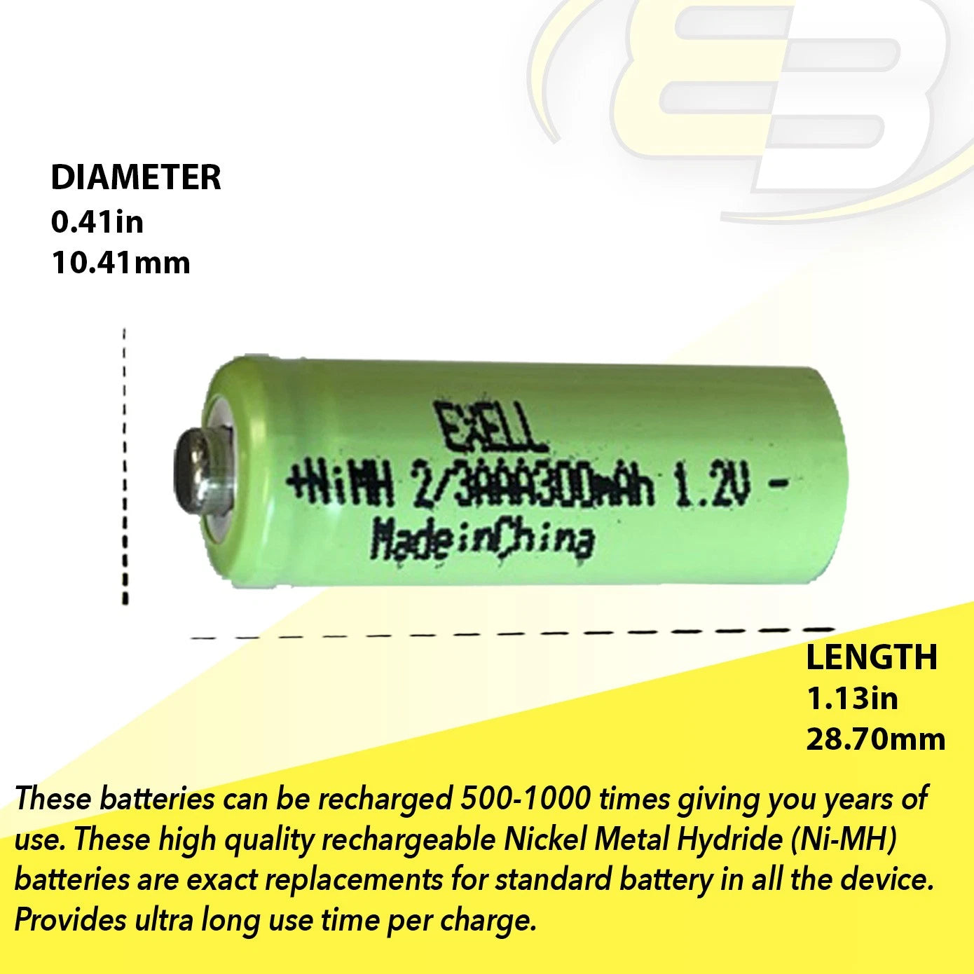 Exell 1.2V 2/3AAA 300mAh NiMH Rechargeable Button Top Battery