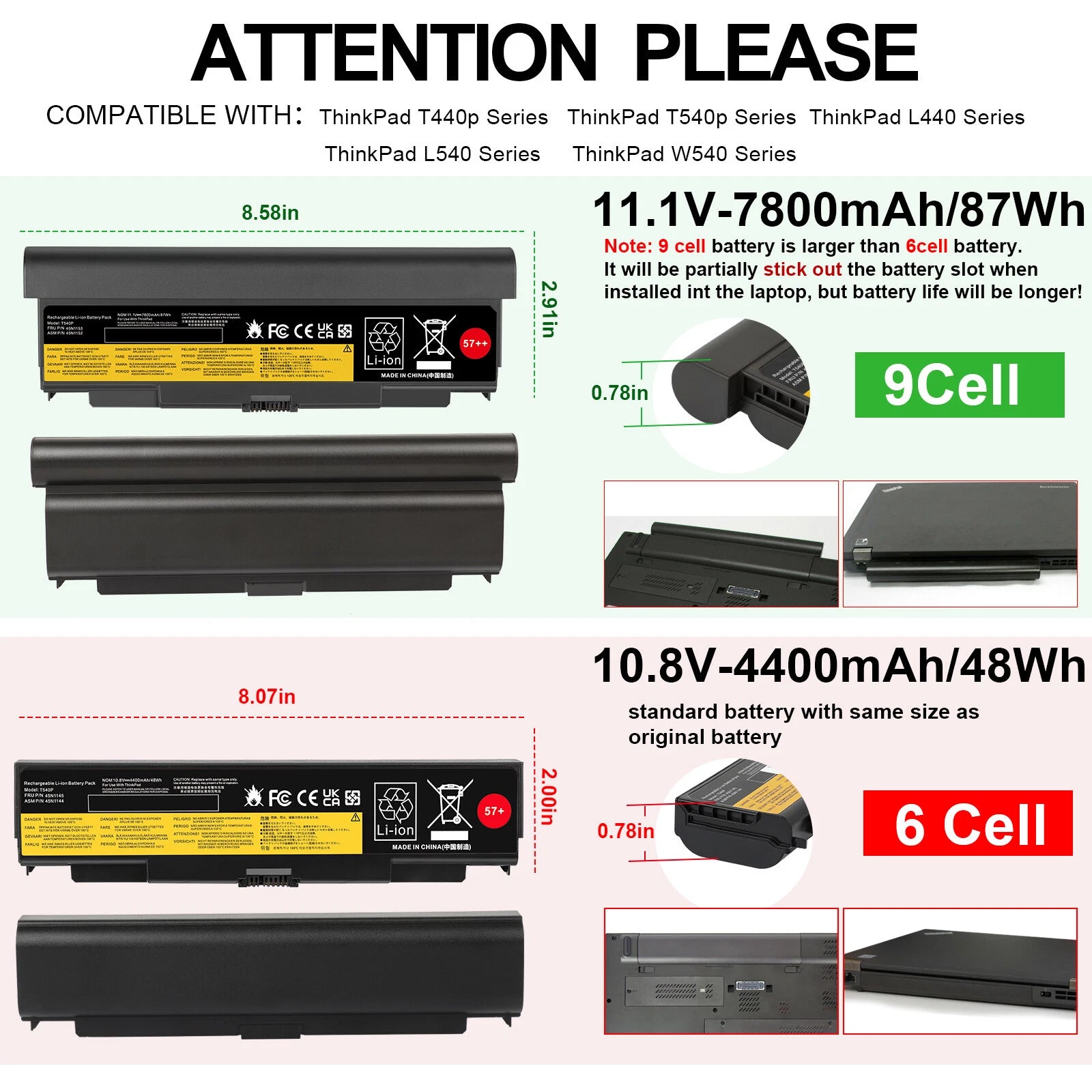 9 Cell 57++ Laptop Battery for Lenovo Thinkpad T440p T540p W540 W541 FAST