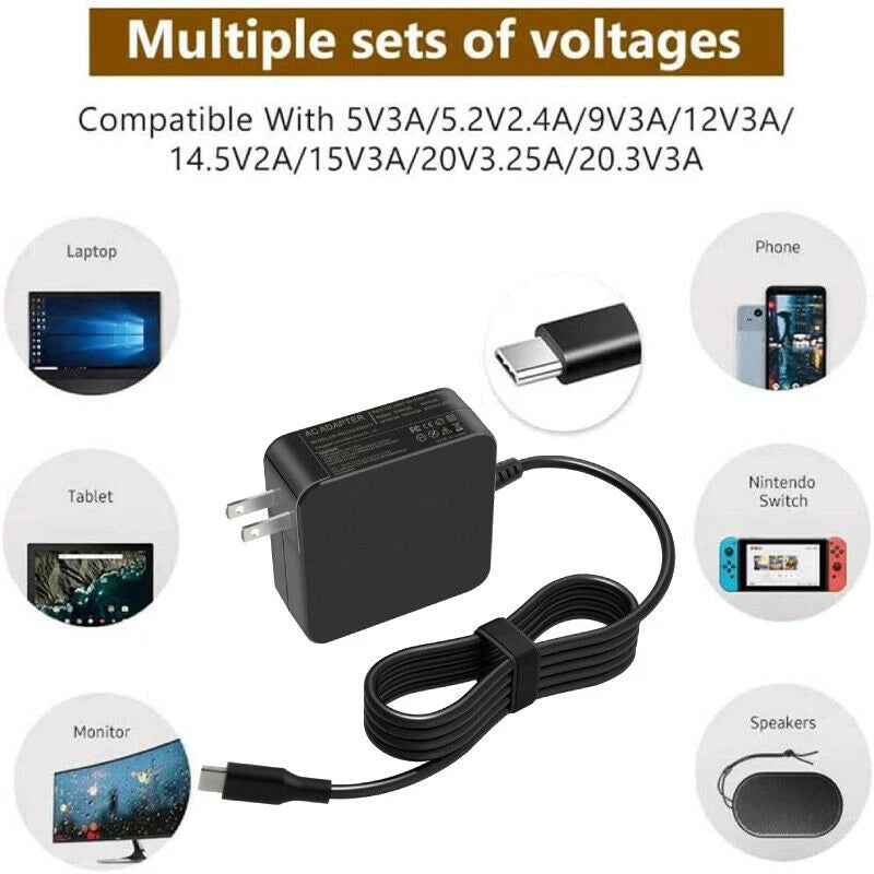 65W USB-C Charger Type-C AC Adapter Notebook Power Cord For Lenovo,Apple,Dell,HP