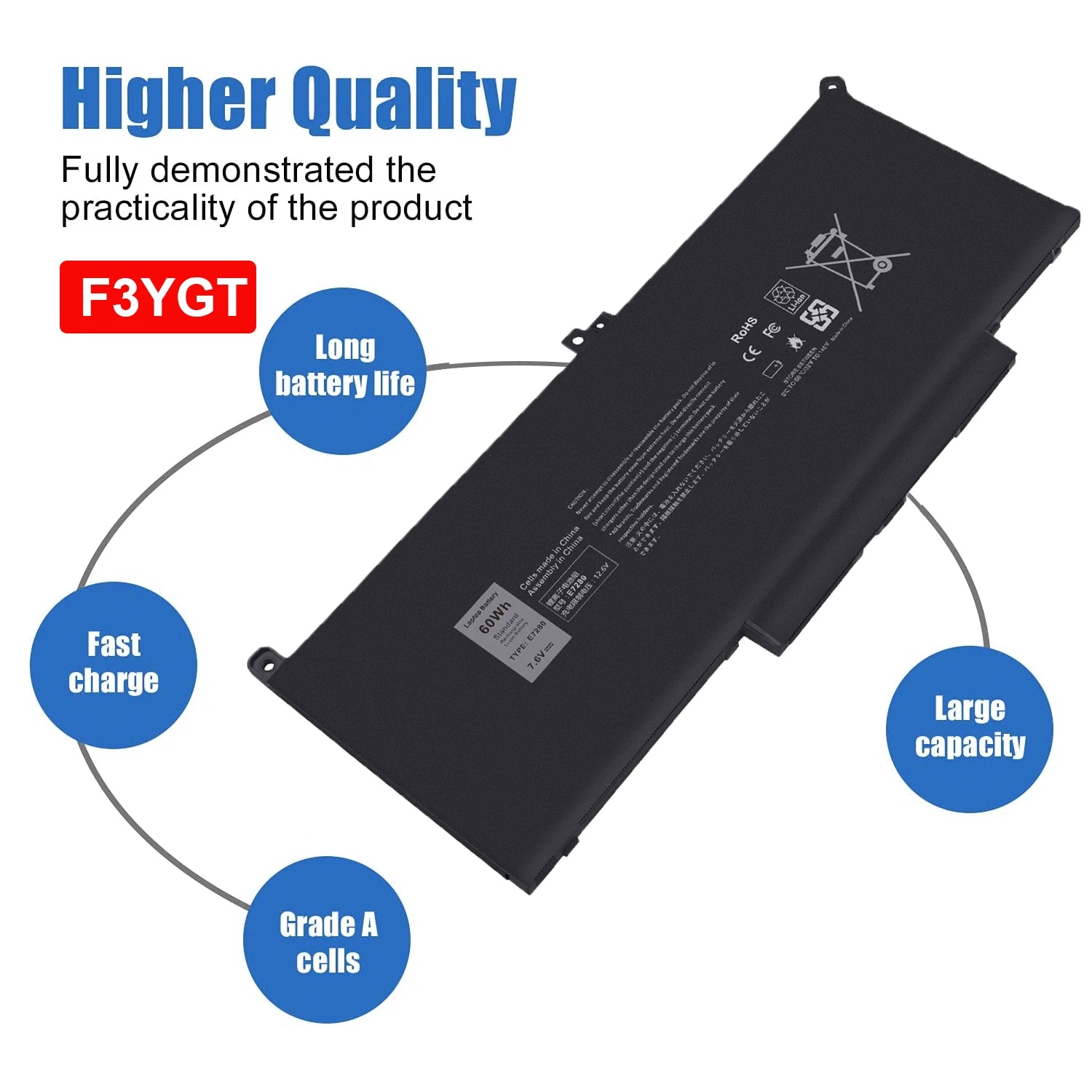 F3YGT Battery for Dell Latitude 14 7480 7490 12 7280 7290 13 7380 7390 DM3WC New