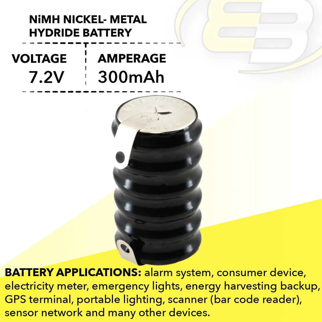 6/CP300H-TABS 7.2V 300mAh NiMH Battery w/TABS For Lighting, Torchlight, Scanner