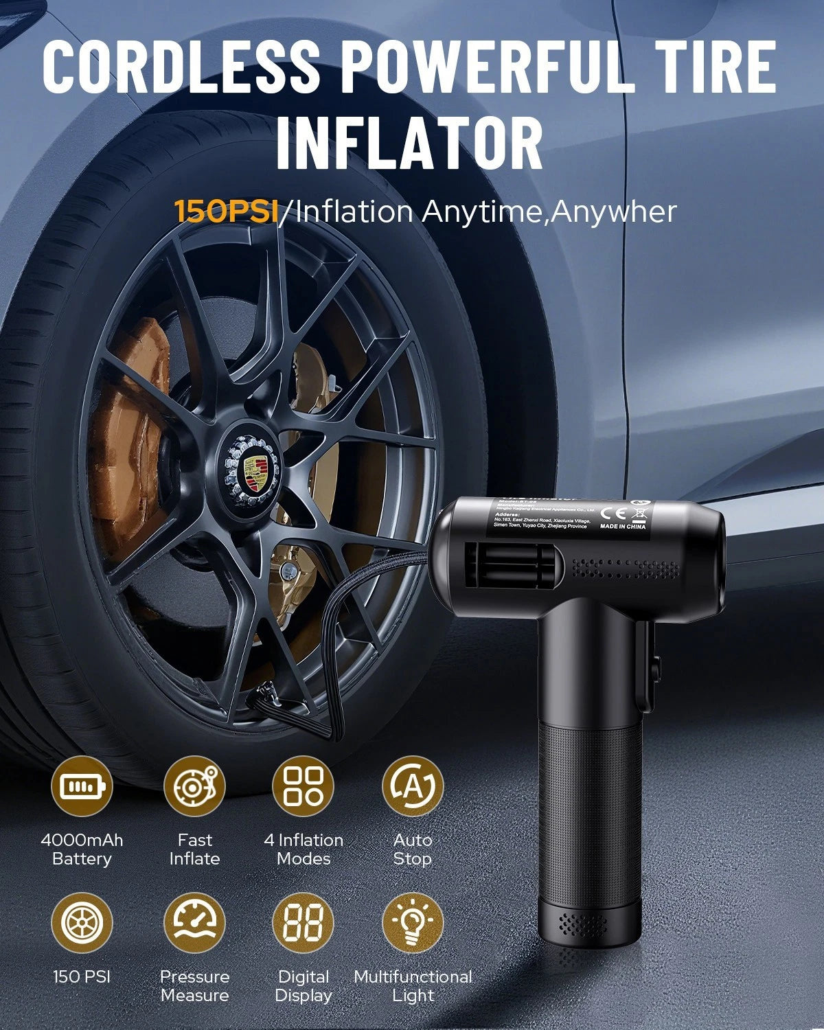 Electric Car Air Tire Pump Compressor USB Rechargeable 150PSI Pump Convenient