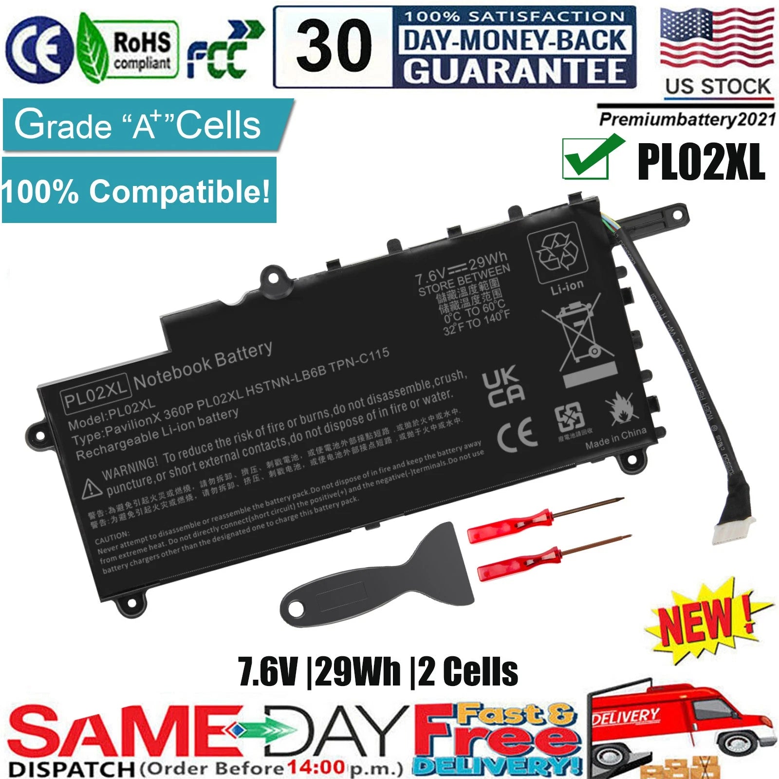 Battery PL02XL for HP Pavilion 11 X360 11-N010DX 11-N030TU P/N 751875-001 PL02