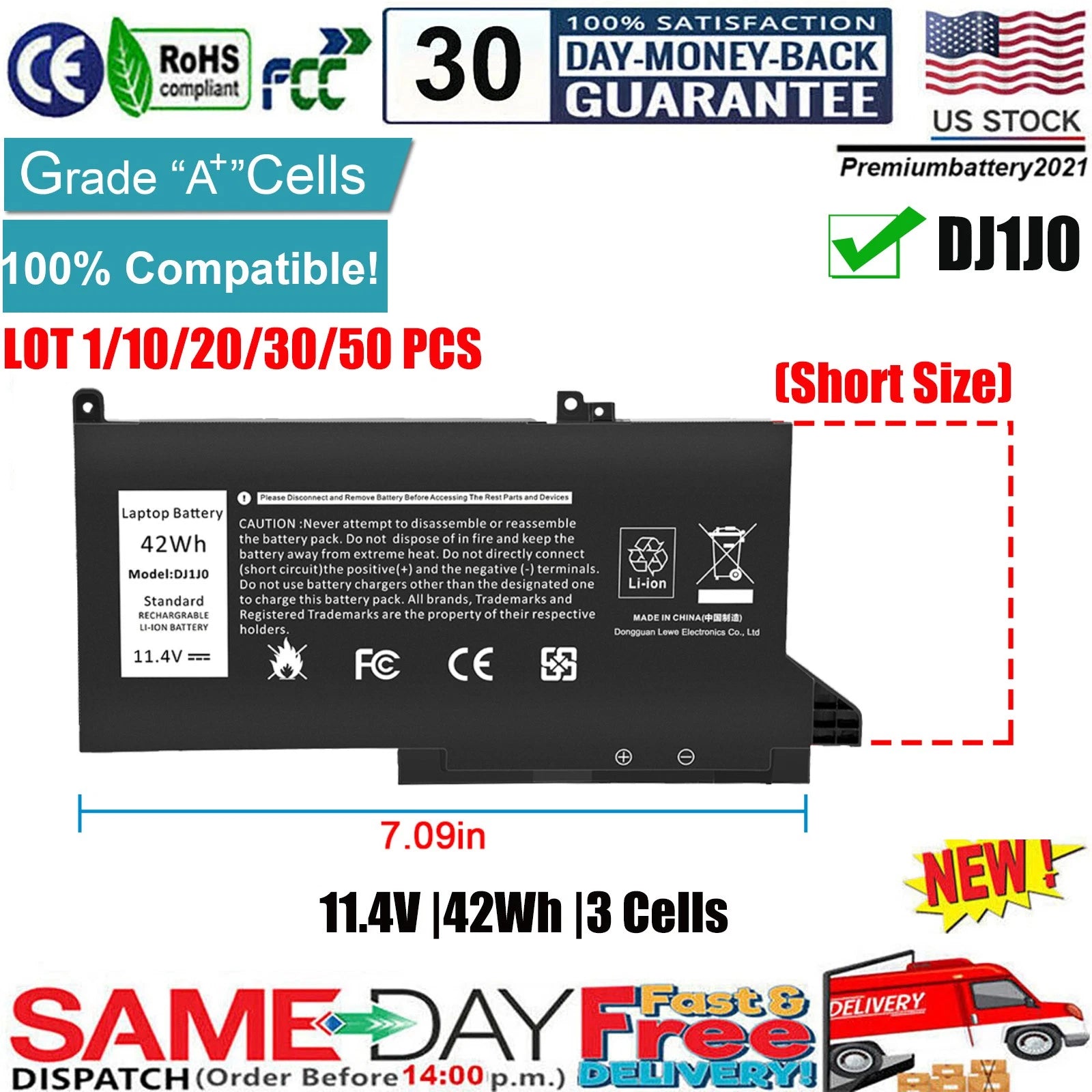?Lot 1-50 DJ1J0 Battery For Dell Latitude 7280 7290 7380 7390 7480 7490 Notebook