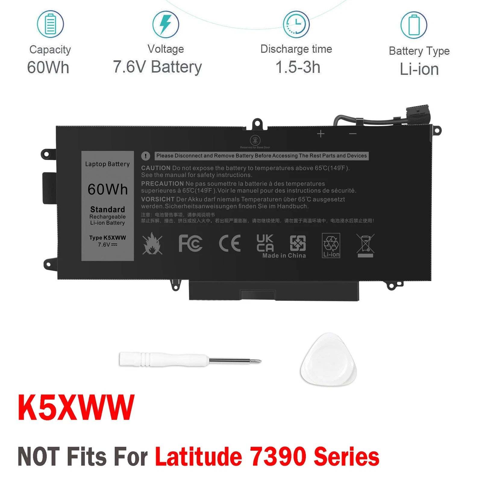K5XWW Battery for Dell Latitude 5289 7389 7390 2-in-1 Series Notebook 7.6V 60Wh