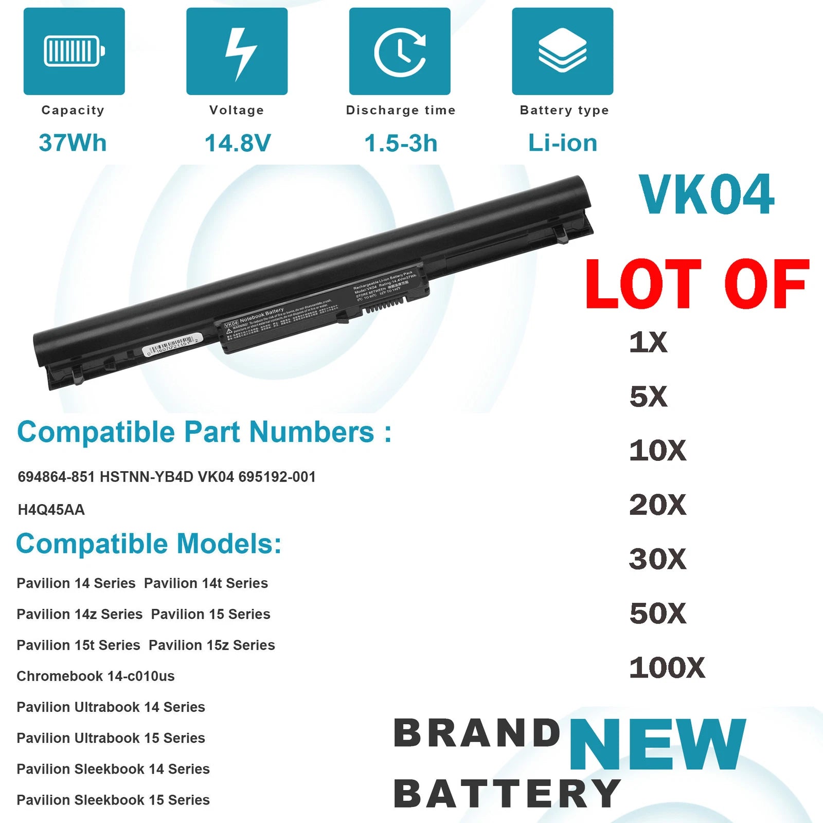 ??LOT VK04 Battery For HP Pavilion 14 15 Sleekbook 14 15 HSTNN-YB4D 694864-851