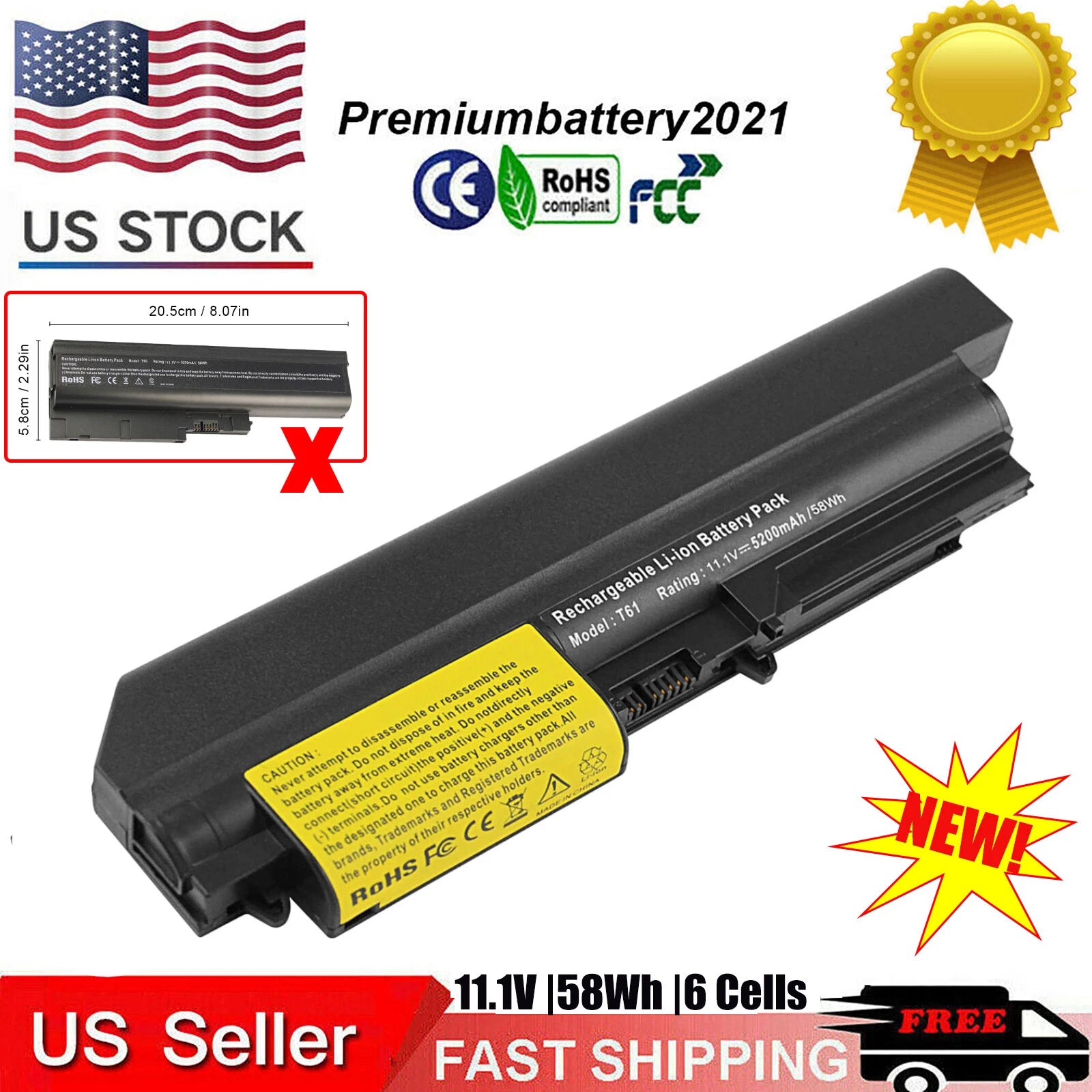 6 Cells Laptop Battery for IBM Lenovo Thinkpad R400 T400 T61 R61 42T5229 42T4530