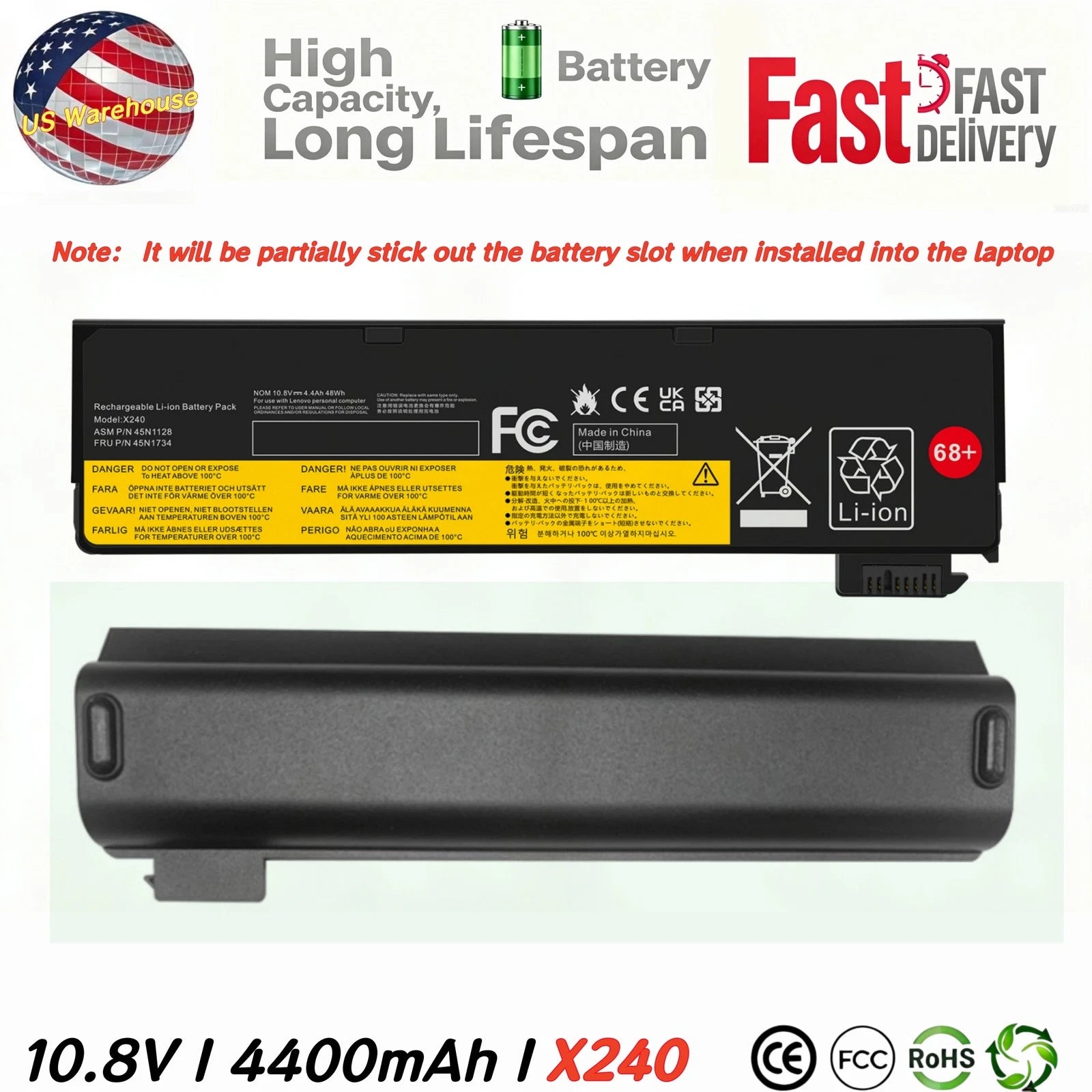 X240 240S Battery for Lenovo Thinkpad 0C52861 0c52862 0c52862 68+ 48WH