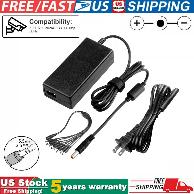 12V 5A 60W Power Supply Charge Adapter + 8 Way Splitter Cable for LED Strip CCTV