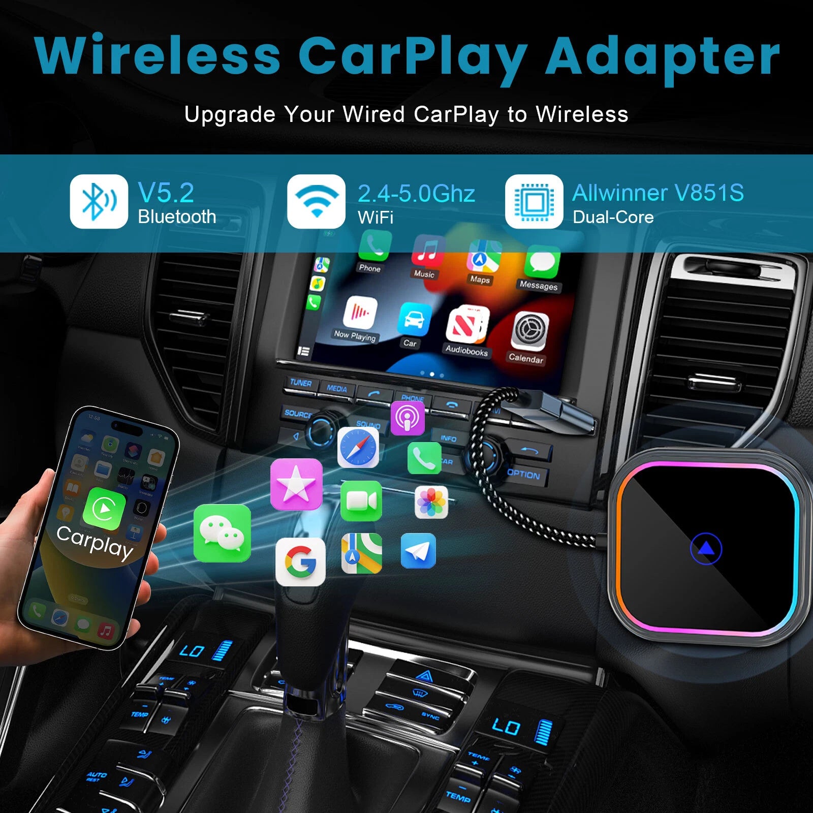 LED status bar Wireless Apple CarPlay Adapter for wired CarPlay and Android Auto