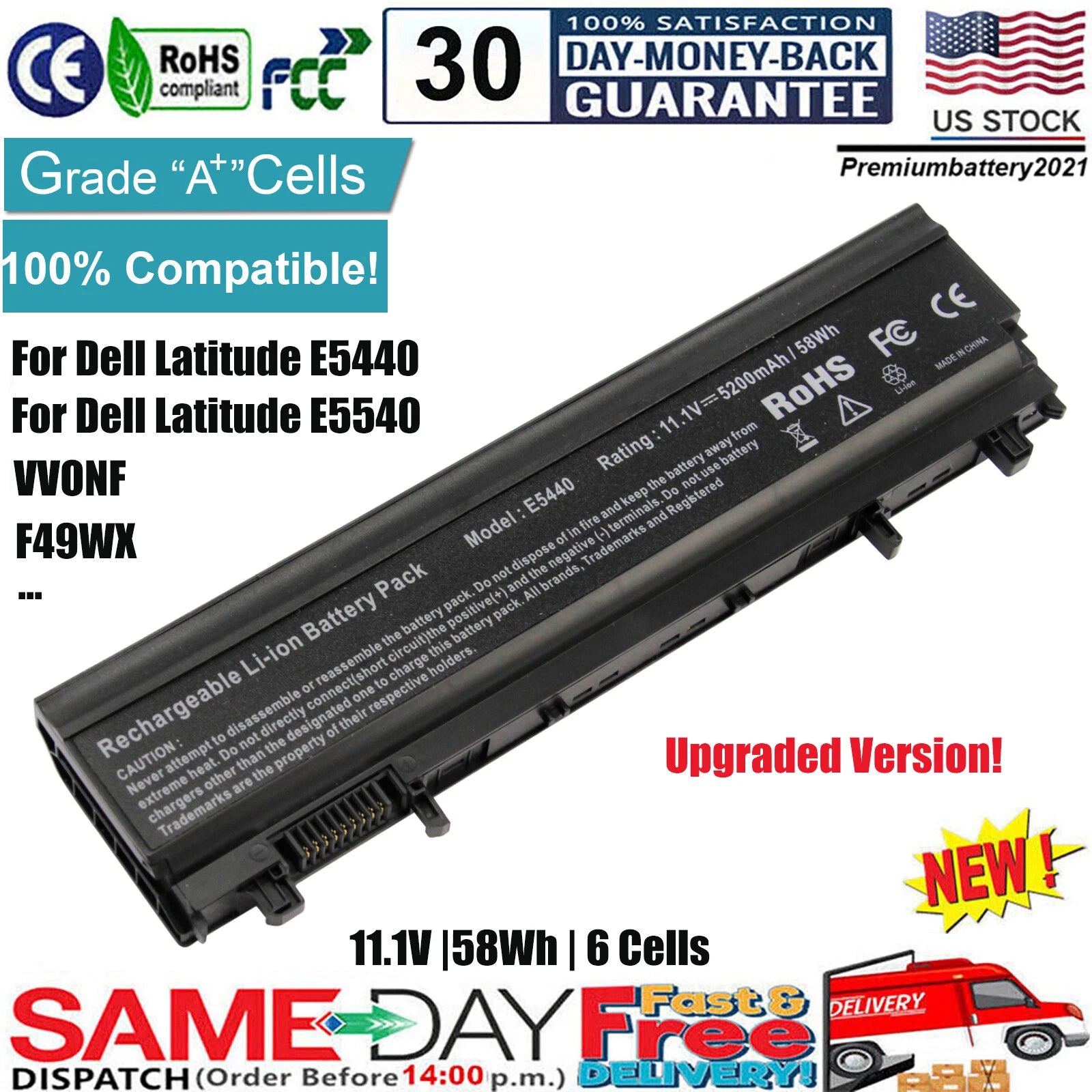 ?58Wh Laptop Battery For Dell Latitude E5440 E5540 Type VV0NF WGCW6 451-BBIE NEW