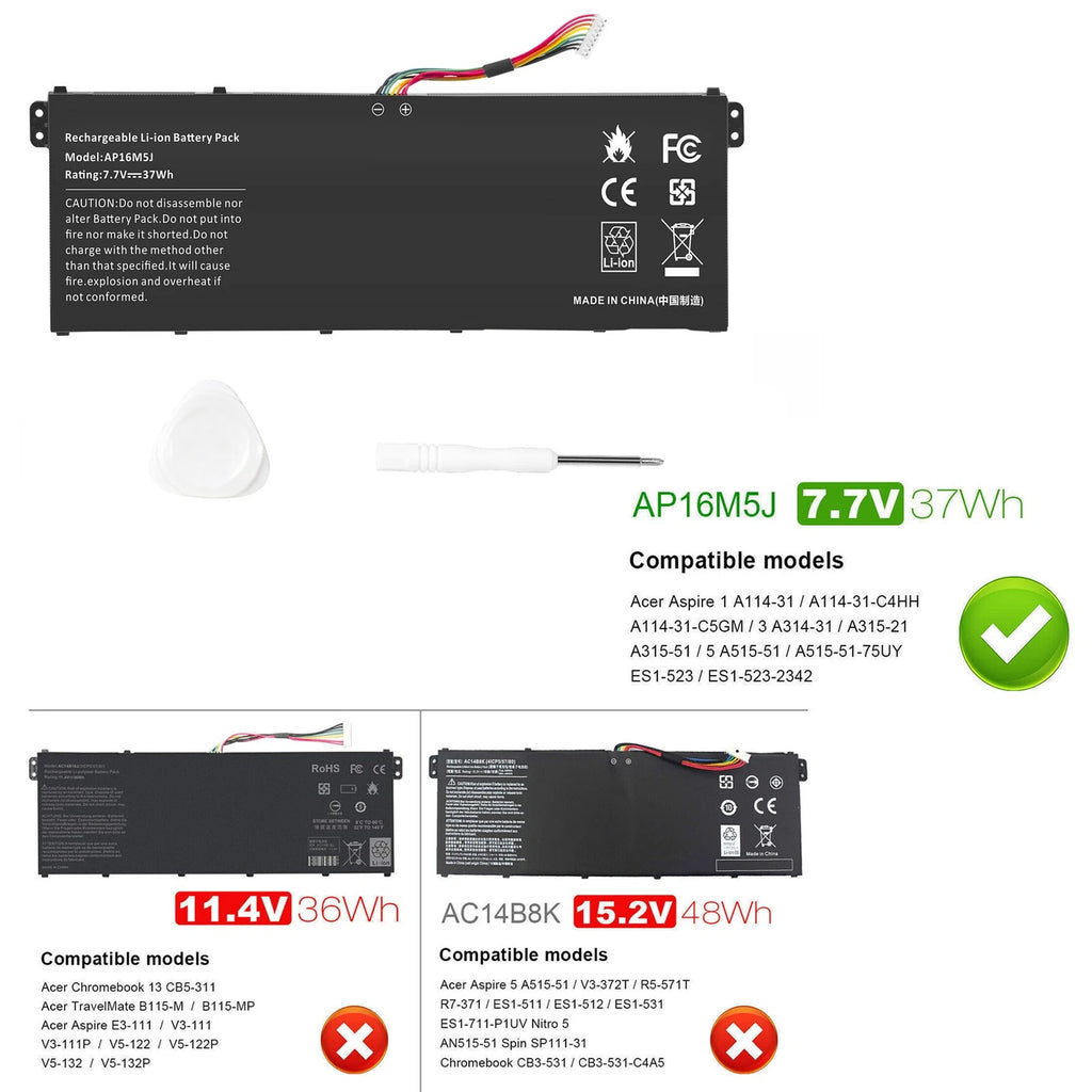 Battery AP16M5J For Acer Aspire 3 A314-31 A315-21 5 A315-51 ES1-523 Series 37Wh