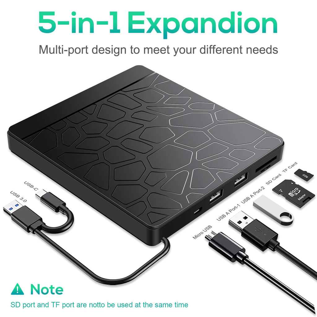 External CD/DVD Drive Player USB3.0 RW Burner ROM Reader Writer SD/TF Slot 2 USB