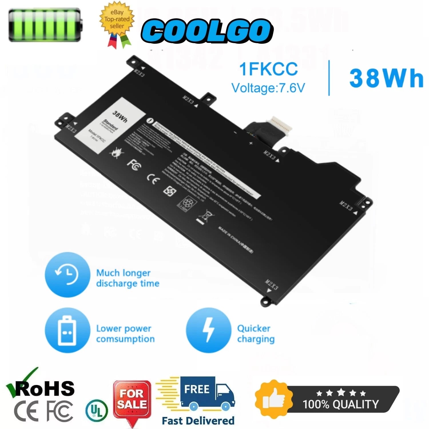 ?1FKCC 38Wh Battery for Dell Latitude 7200 7210 2-IN-1 Series KWWW4 D9J00 9NTKM
