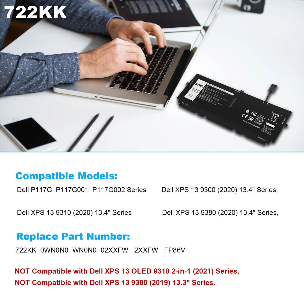 722KK Battery For DELL XPS 13 9310 9300 9380 2020 13.4" P117G 02XXFW 2XXFW 52WH